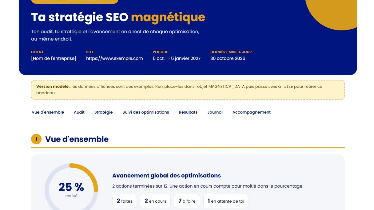 Aperçu de l'espace de suivi Magnetica : vue d'ensemble, audit, stratégie et suivi des optimisations